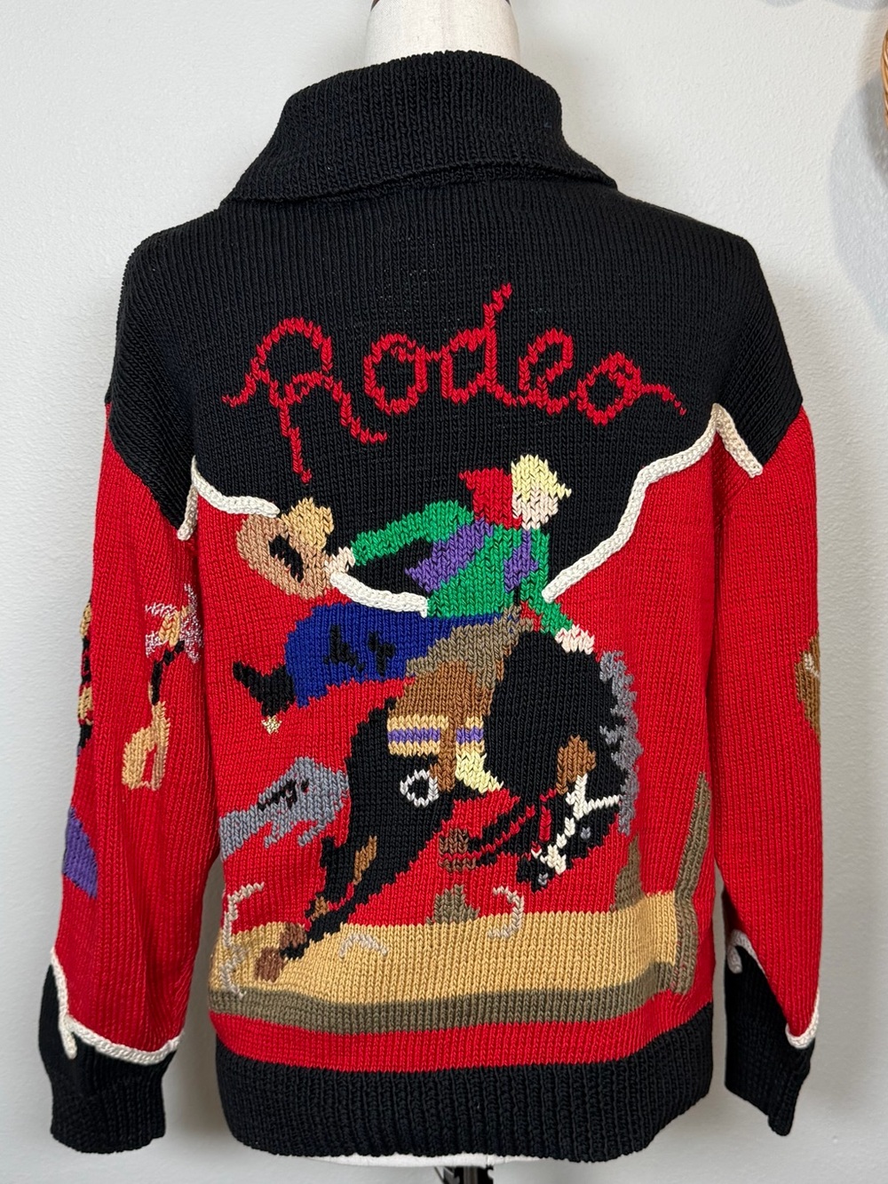 Vintage 80’s Berek Label Cowboy Rodeo Western Hand Knit Sweater Red Black Medium
